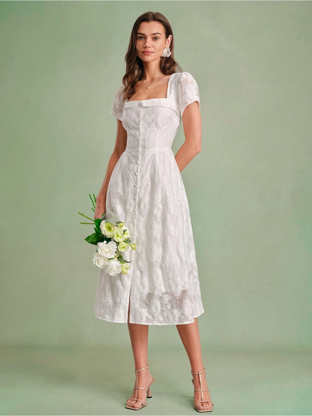 RIHOAS White Square-Neck Puff Sleeve Midi Dress